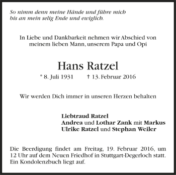 Todesanzeige von Hans Ratzel von Trauer.de