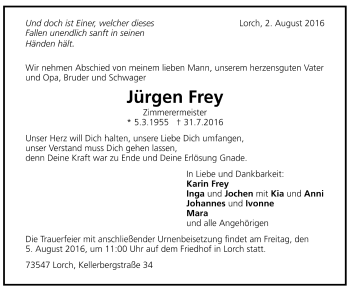 Todesanzeige von Jürgen Frey von Trauer.de 