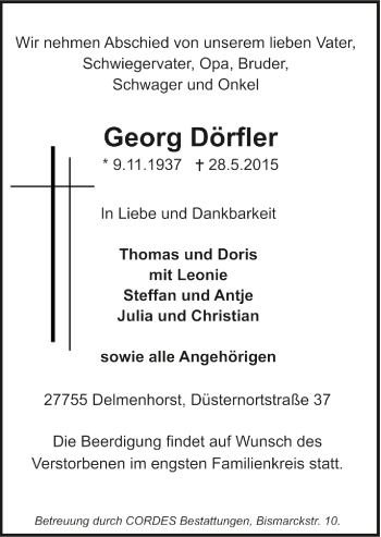 Todesanzeige von Georg Dörfler von Trauer.de