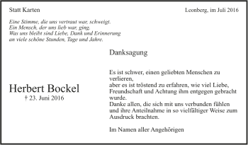 Todesanzeige von Herbert Bockel von Trauer.de
