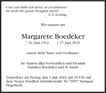 Todesanzeige von Margarete Boedeker von Trauer.de