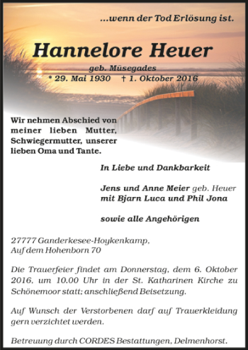 Todesanzeige von Hannelore Heuer von Trauer.de