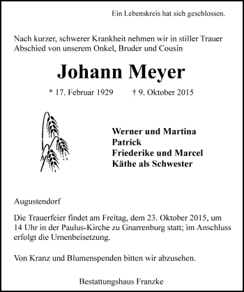 Todesanzeige von Johann Meyer von Trauer.de