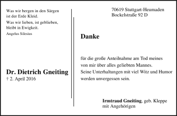 Todesanzeige von Dr. Dietrich Gneiting von Trauer.de