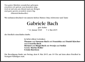 Todesanzeige von Gabriele Bach von Trauer.de