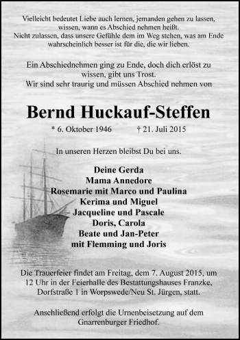Todesanzeige von Bernd Huckauf-Steffen von Trauer.de