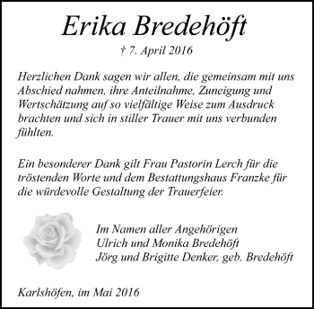 Todesanzeige von Erika Bredehöft von Trauer.de