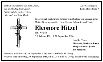 Todesanzeige von Eleonore Hitzel von Trauer.de