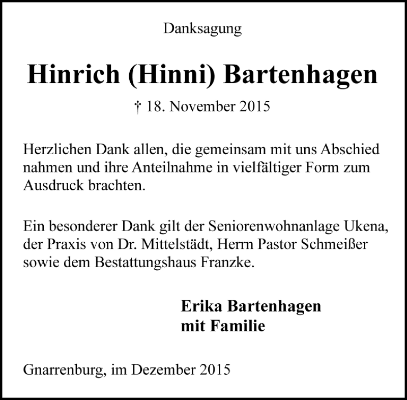  Traueranzeige für Hinrich  Bartenhagen vom 23.12.2015 aus Trauer.de