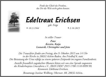 Todesanzeige von Edeltraut Erichsen von Trauer.de