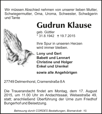 Todesanzeige von Gudrun Klause von Trauer.de