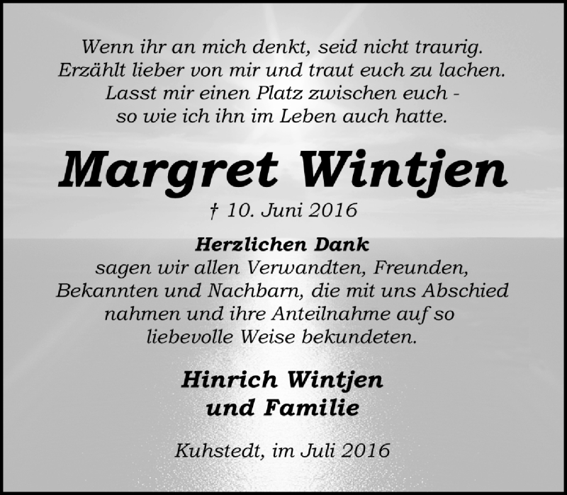  Traueranzeige für Margret Wintjen vom 09.07.2016 aus Trauer.de