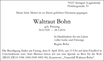 Todesanzeige von Waltraut Bohn 