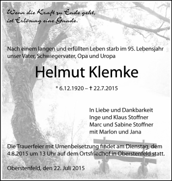 Todesanzeige von Helmut Klemke von Trauer.de