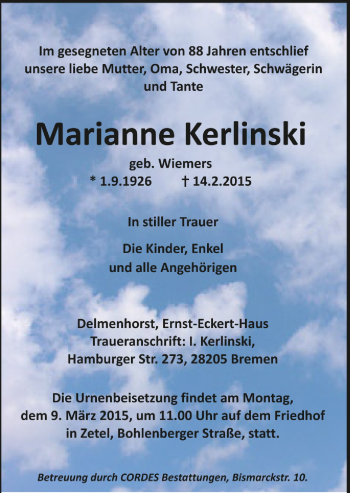Todesanzeige von Marianne Kerlinski von Trauer.de