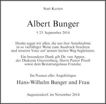 Todesanzeige von Albert Bunger von Trauer.de
