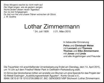 Todesanzeige von Lothar Zimmermann von Trauer.de