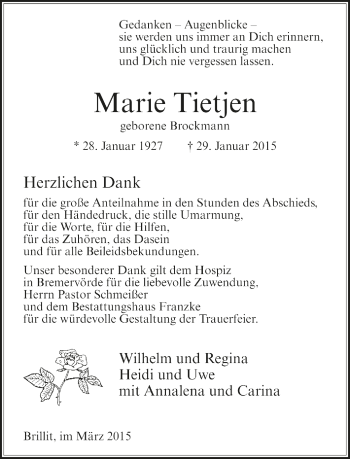 Todesanzeige von Marie Tietjen von Trauer.de