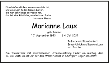 Todesanzeige von Marianne Laux von Trauer.de