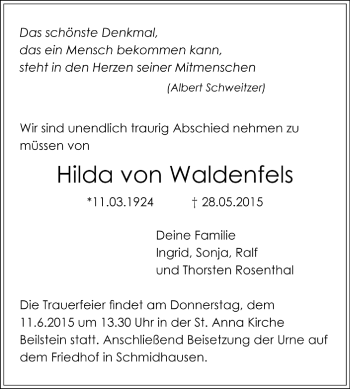 Todesanzeige von Hilda von Waldenfels 