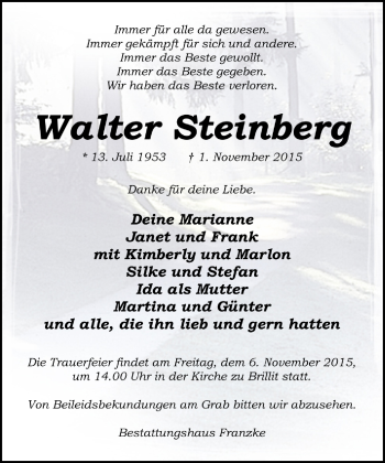 Todesanzeige von Walter Steinberg von Trauer.de