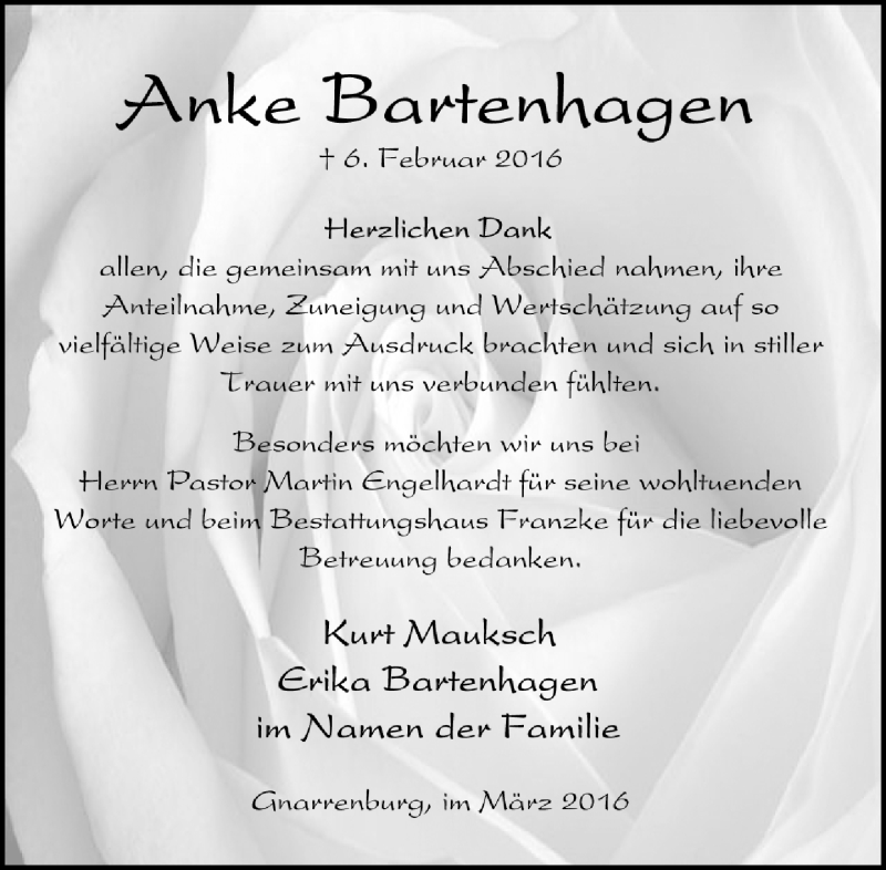  Traueranzeige für Anke Bartenhagen vom 19.03.2016 aus Trauer.de