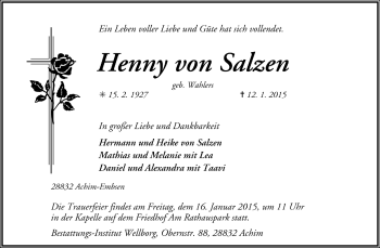 Todesanzeige von Henny von Salzen von Trauer.de