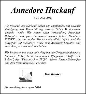 Todesanzeige von Annedore Huckauf von Trauer.de
