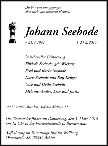 Todesanzeige von Johann Seebode von Trauer.de
