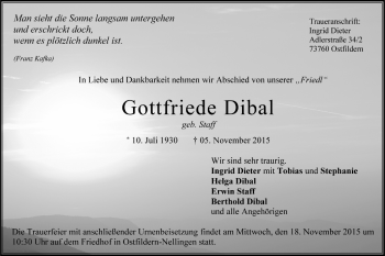 Todesanzeige von Gottfriede Dibal von Trauer.de