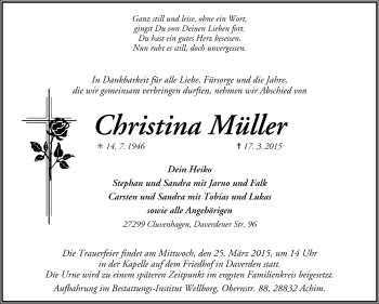 Todesanzeige von Christina Müller von Trauer.de