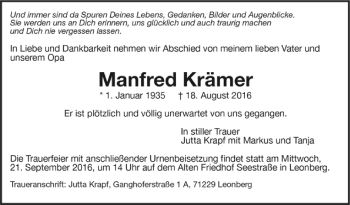 Todesanzeige von Manfred Krämer von Trauer.de