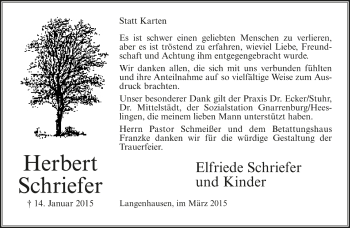 Todesanzeige von Herbert Schriefer von Trauer.de