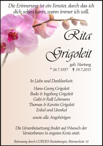 Todesanzeige von Rita Grigoleit von Trauer.de