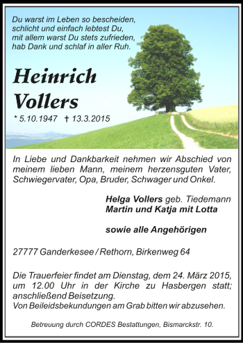 Todesanzeige von Heinrich Vollers von Trauer.de