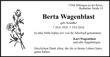 Todesanzeige von Berta Wagenblast von Trauer.de