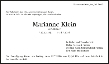 Todesanzeige von Marianne Klein von Trauer.de