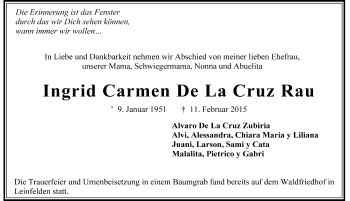 Todesanzeige von Ingrid Carmen De La Cruz Rau von Trauer.de