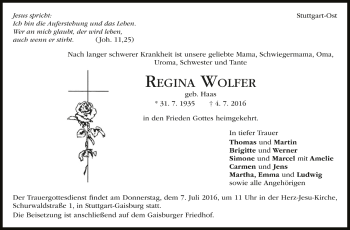 Todesanzeige von Regina Wolfer von Trauer.de