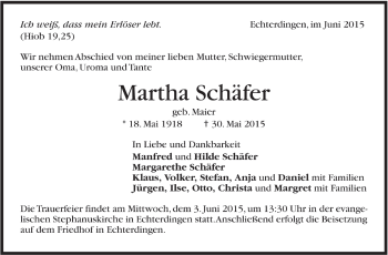 Todesanzeige von Martha Schäfer 