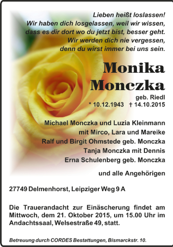 Todesanzeige von Monika Monczka von Trauer.de