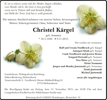 Todesanzeige von Christel Kärgel von Trauer.de