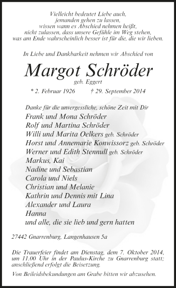 Todesanzeige von Margot Schröder von Trauer.de