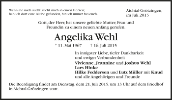 Todesanzeige von Angelika Wehl von Trauer.de