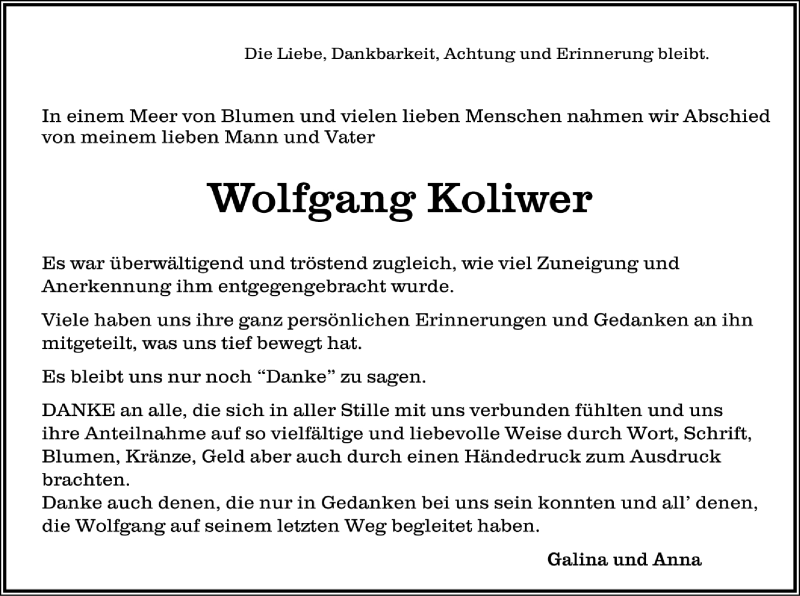  Traueranzeige für Wolfgang Koliwer vom 19.03.2016 aus Trauer.de