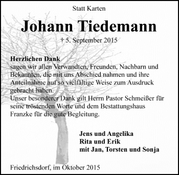 Todesanzeige von Johann Tiedemann von Trauer.de