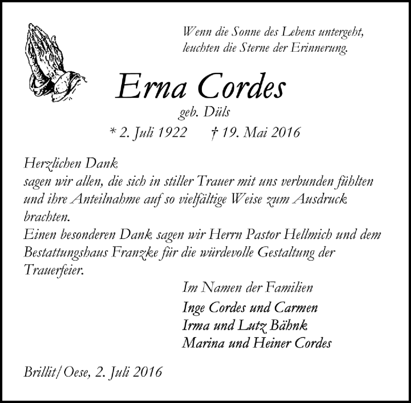  Traueranzeige für Erna Cordes vom 02.07.2016 aus Trauer.de