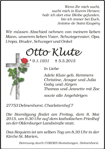 Todesanzeige von Otto Klute von Trauer.de