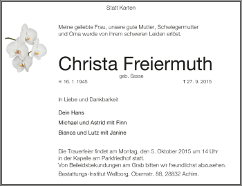 Todesanzeige von Christa Freiermuth von Trauer.de