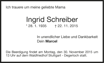 Todesanzeige von Ingrid Schreiber von Trauer.de